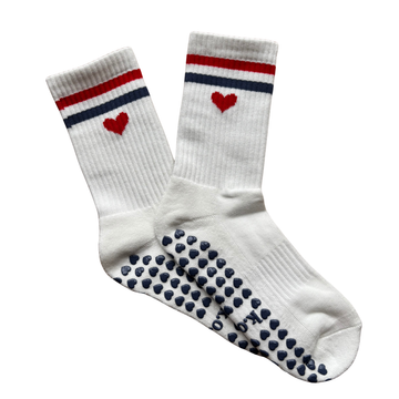 Dutch Heart Pilates grip socks by KORRHAUS with red white and blue stripe details