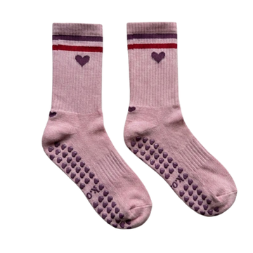 Mauve Stripes Pilates grip socks by KORRHAUS with lavender heart detail