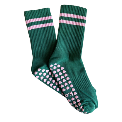 Verde Club green Pilates grip socks with pink stripes and heart-shaped grips – KORRHAUS
