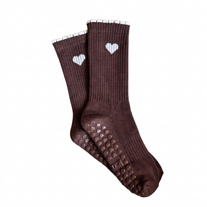 Chocolate Heart brown Pilates grip socks with white heart details and heart-shaped grips – KORRHAUS
