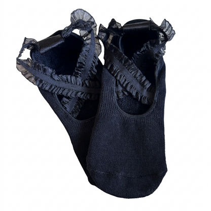 Noir Ballet black Pilates grip socks with sheer ruffles and crossover straps – KORRHAUS