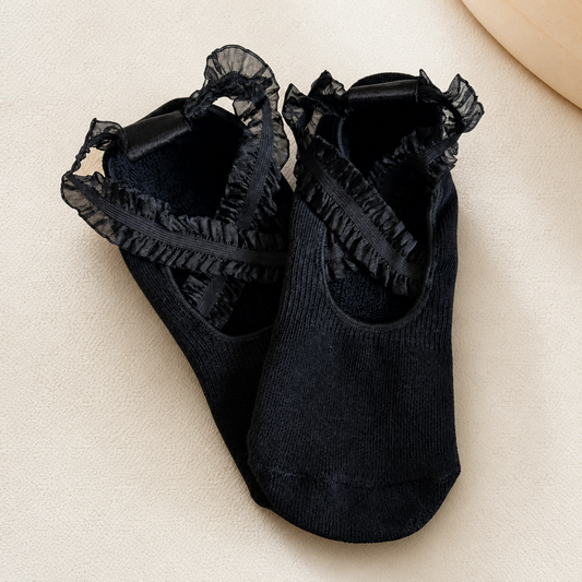 Noir Ballet black Pilates grip socks with ruffled crossover straps – KORRHAUS